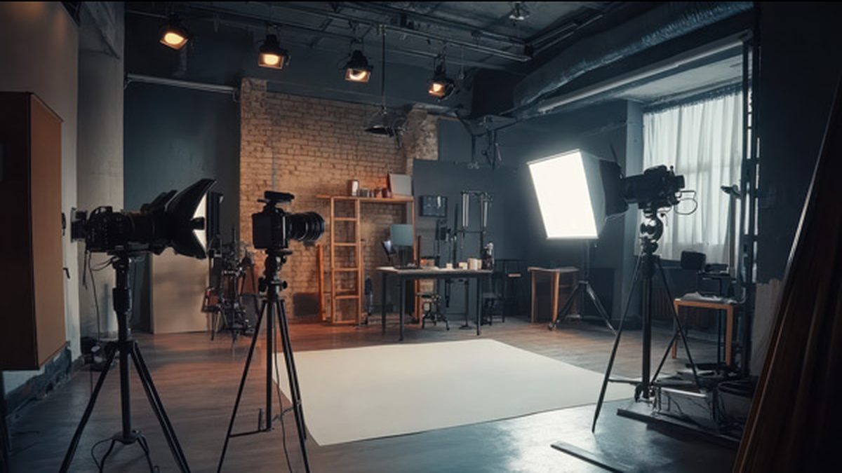 Photo studio set with cameras, softbox lighting and a backdrop